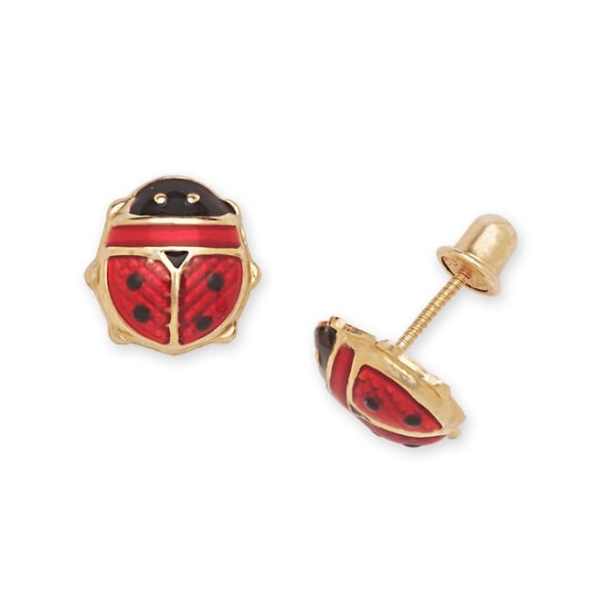 Curata 14k Yellow Gold 9x8mm Red Enamel Ladybug Screw Back Stud Earrings