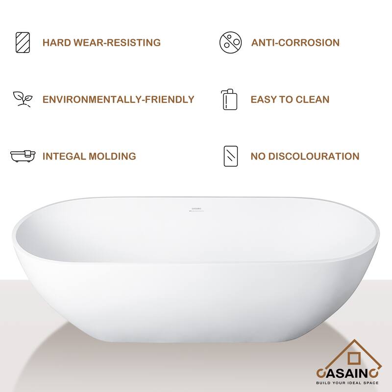 59 in. x 22 in. Solid Surface Stone Resin Stand Alone Freestanding Soaking Bathtub in Matte White with Center Drain
