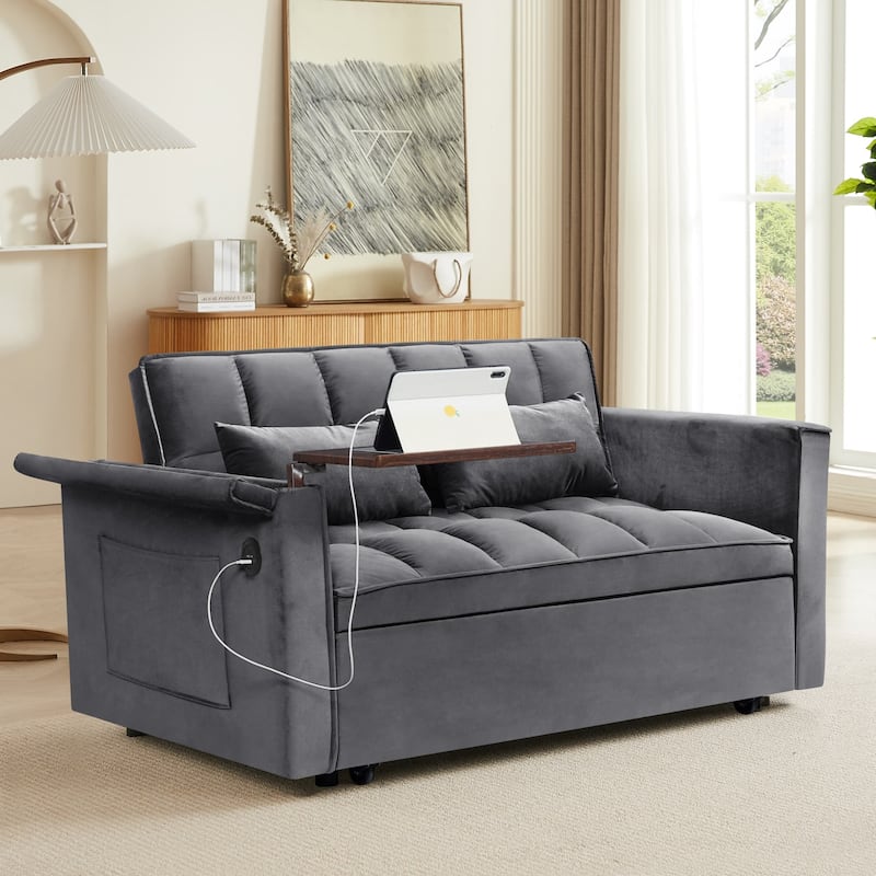 55.5" Convertible Velvet Double Sleeper Sofa Bed with Hidden Side Table