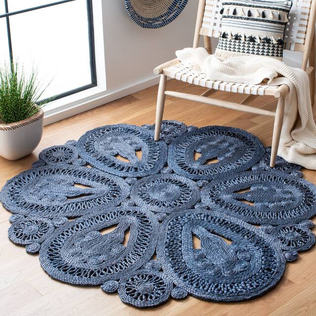 SAFAVIEH Handmade Natural Fiber Ljiljanka Floral Jute Rug - 6' Round - Navy