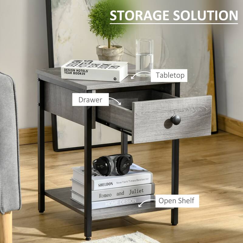 HOMCOM Industrial Side Table with Storage Shelf, Accent Table with Drawer for Living Room, or Bedroom, Rustic Brown