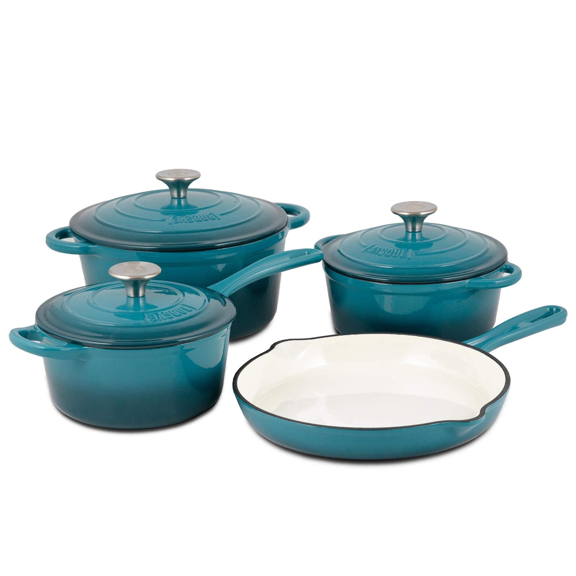 Basque Enameled Cast Iron Cookware Set 7 Piece Set Biscay Blue Nonstick Oversized Handles Oven Safe Skillet Saucepan Small Dutch Oven Large