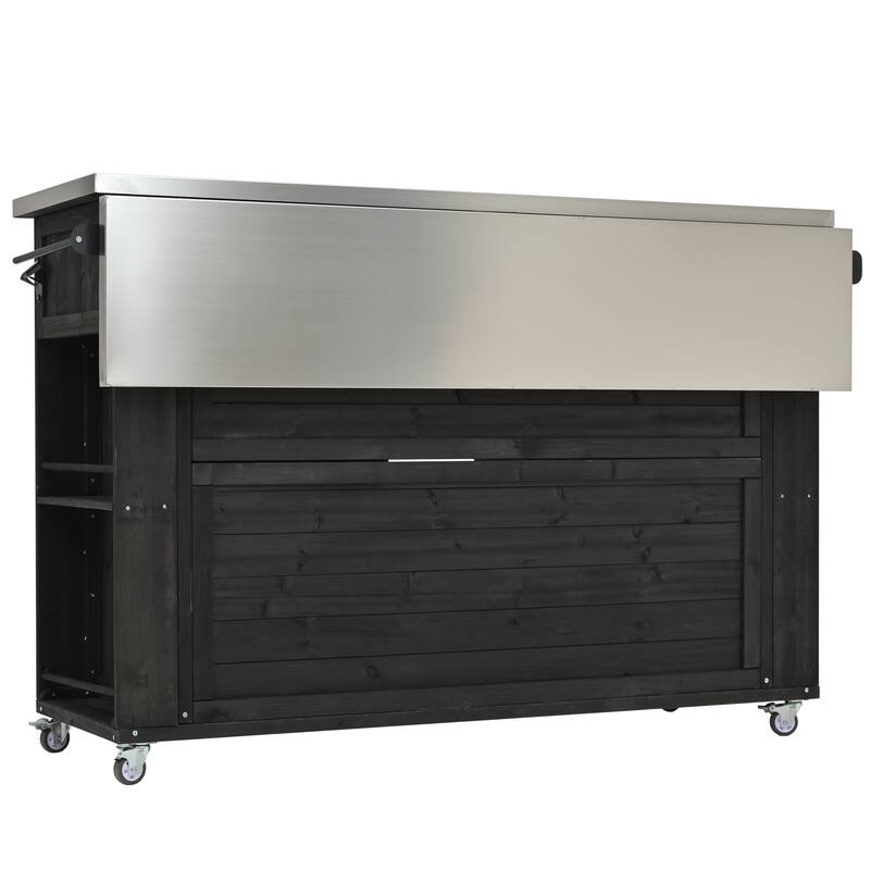 Outdoor Wood Kitchen Island w/ Stainless Steel Top,Towel,Bottle Opener