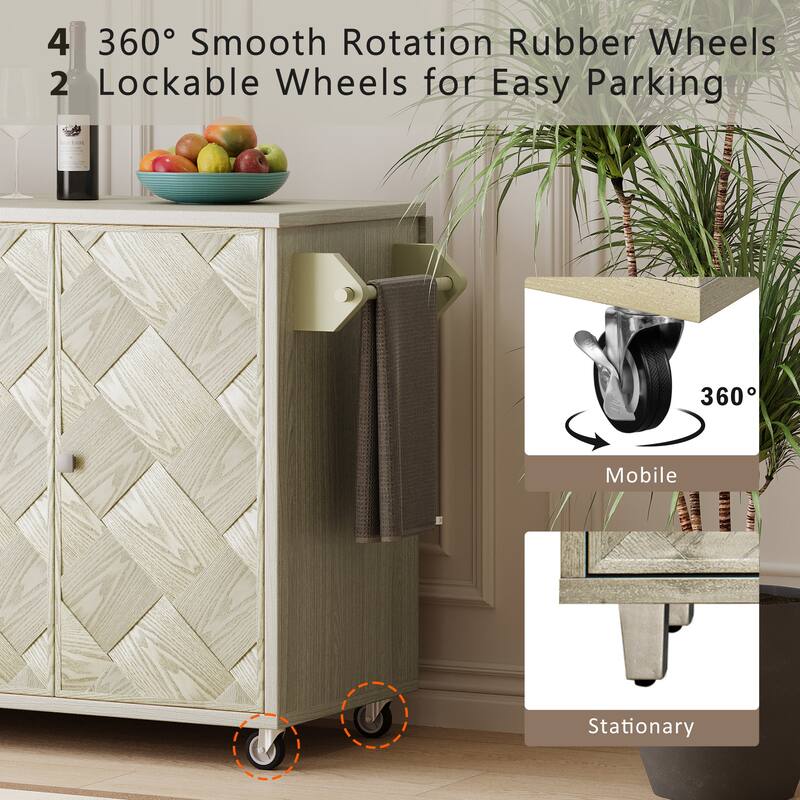 Mobile 51" Coastal Kitchen Island with Ash Veneer, Drop Leaf, Internal Storage Rack, Rolling Cart