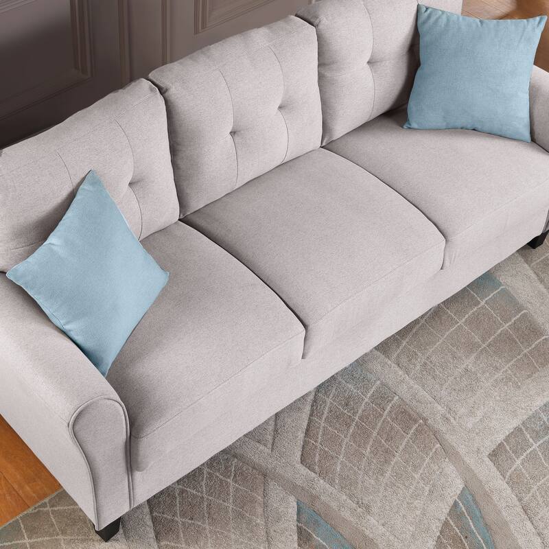 Three Seat Sofa Couch, 79.9" Modern Style Button Tufted Linen Upholstered 3-seat Sofa for Living Room,Light Grey