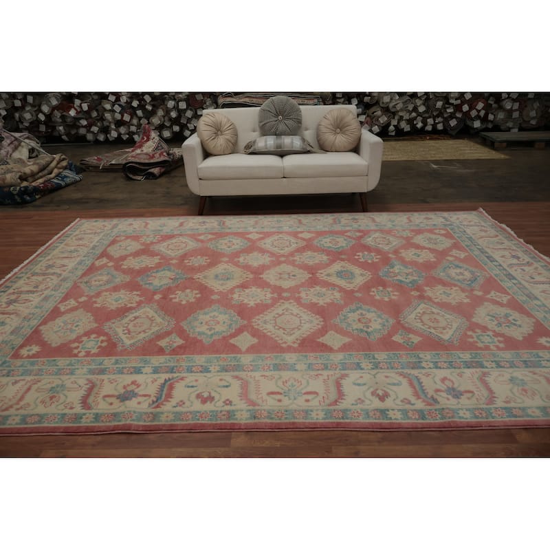 Hand Knotted Oriental 100% Wool Carpet Traditional Geometric Pink Kazak Area Rug - 11' 3'' X 8' 6''