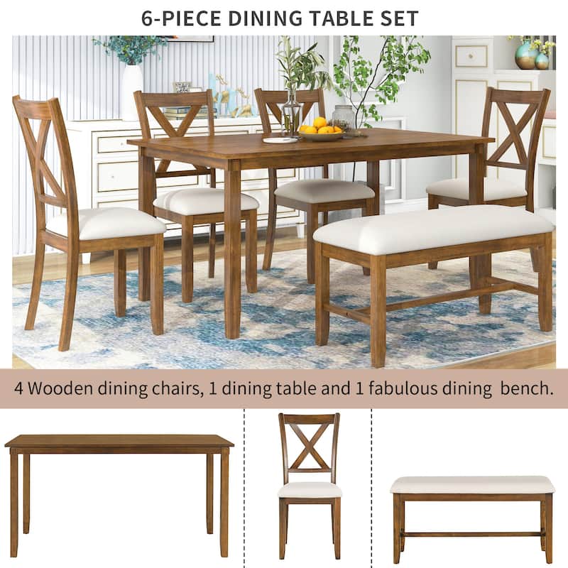 Traditional 6-Piece Wooden Dining Table Set with 4 Upholstered Chairs and Bench