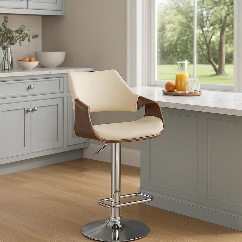 Bar Stool with Curved Leatherette Back and Seat, Cream