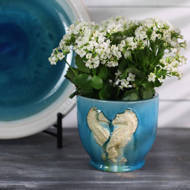 Euro Ceramica Grotto Aqua 7" Seahorse Planter - 7 in. x 6.75 in. x 6.5 in.