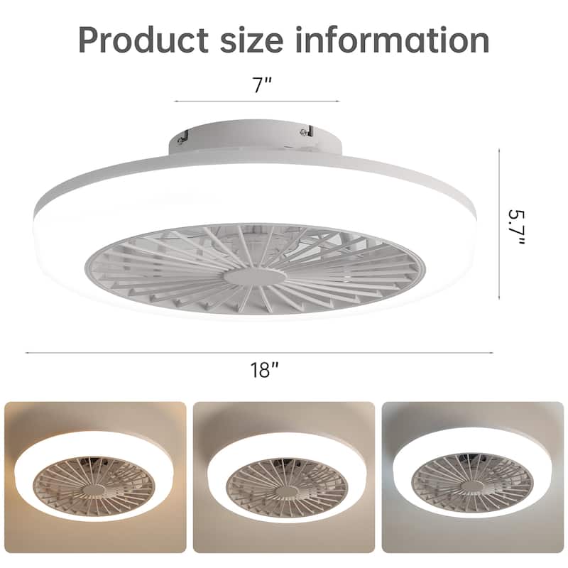 18" Enclosed Ceiling Fan with Light and Remote, Flush Mount Bladeless Ceiling Fan - White