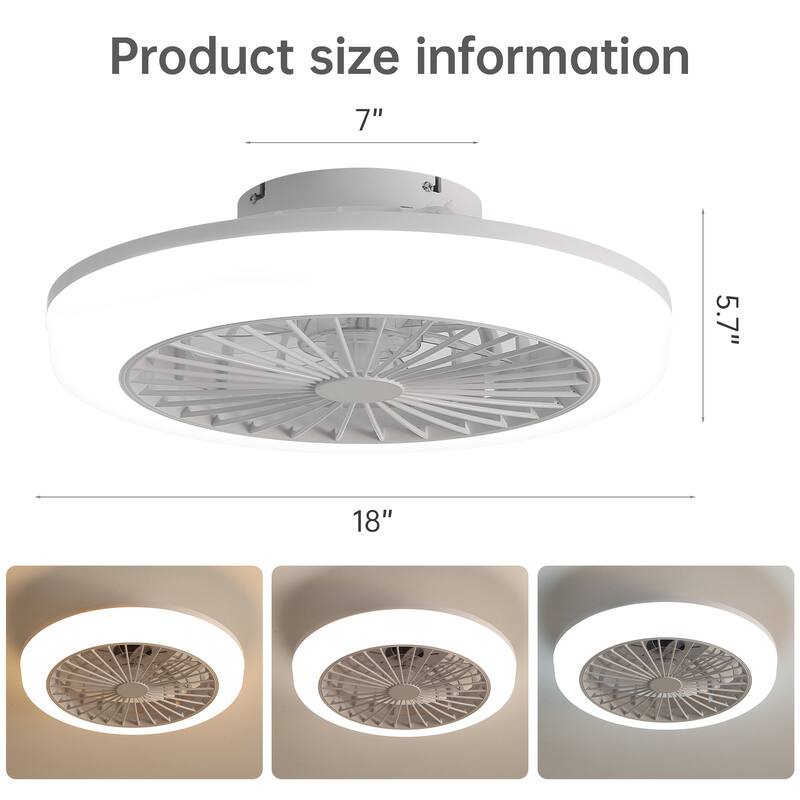 18 Inch Enclosed Ceiling Fan with Light and Remote, Modern Flush Mount Bladeless Ceiling Fan for Bedroom Living Room, White