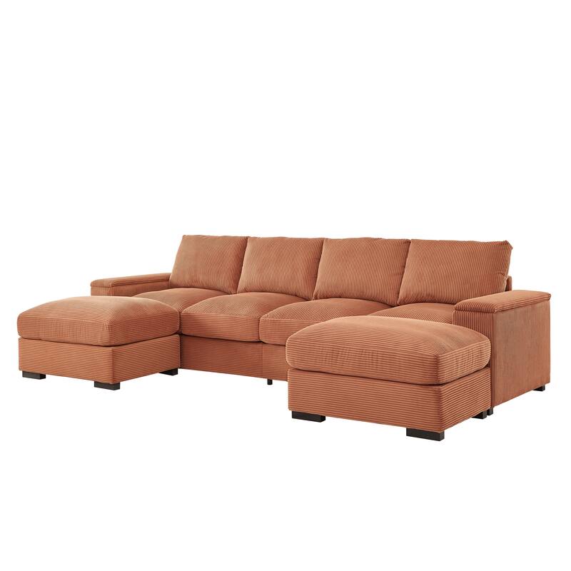 U-Shaped Sectional Sofa with 2 Movable Ottomans, Comfy Corduroy Upholstered 4 Seater Sofa, Lounge Sofa with Storage Armrests