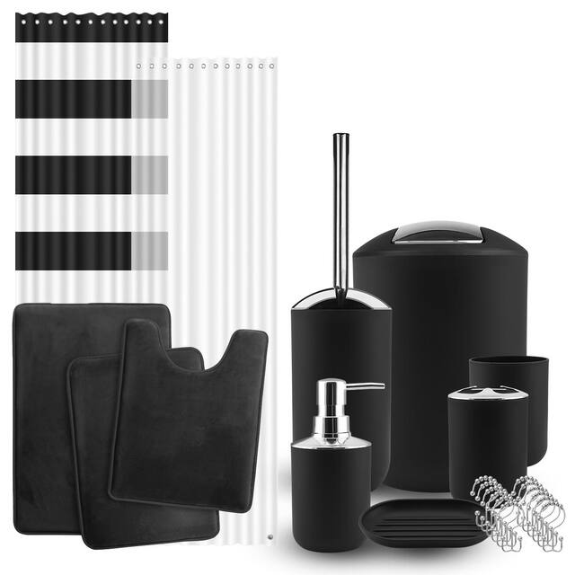 Clara Clark 12 Piece Complete Bathroom Accessories Kit with Shower Curtain Set and Bath Rug Set - Black