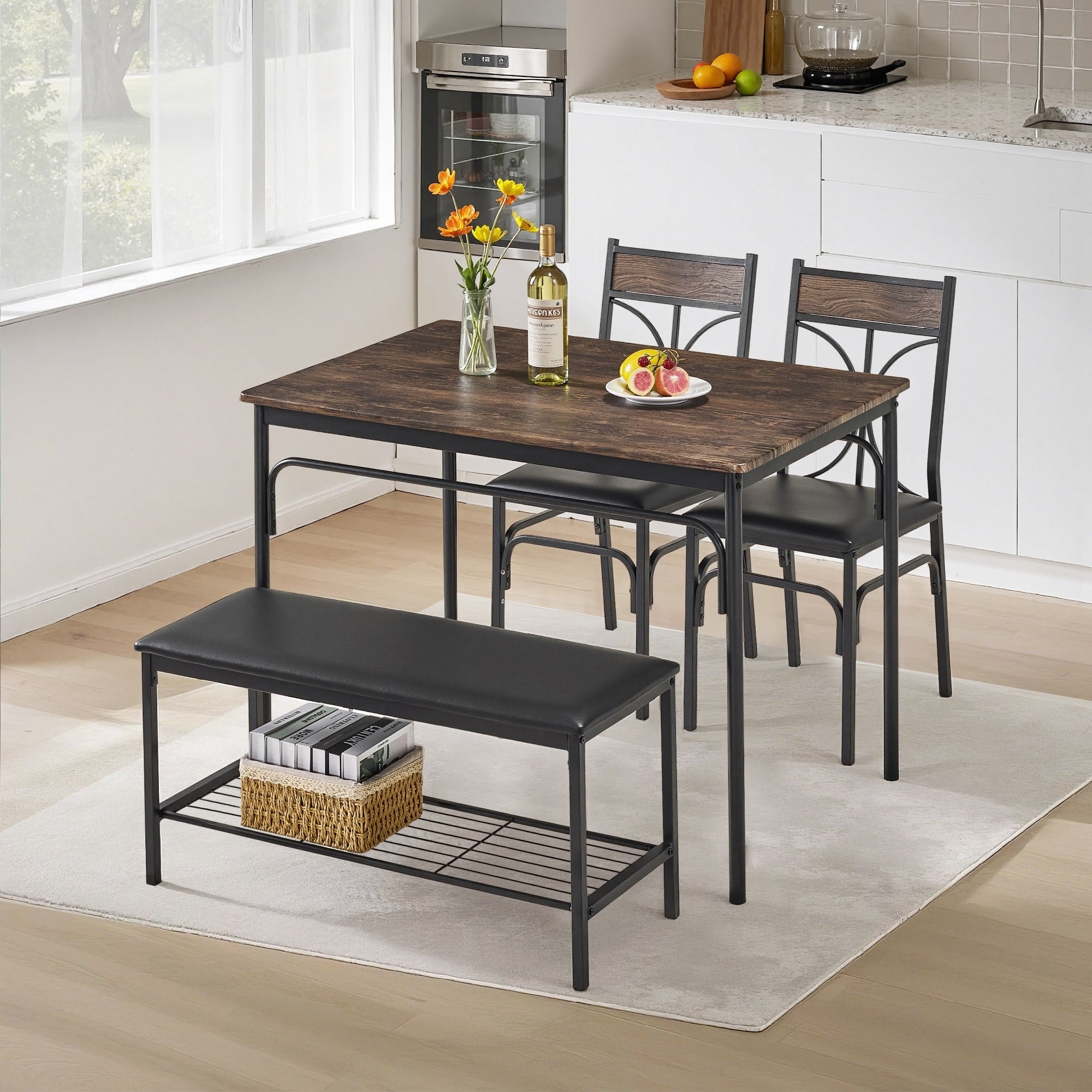 Javlergo Set of 4 Dining Table Set with Bench & 2 Chairs Small Kitchen Table Set for 2-6 with Storage Rack
