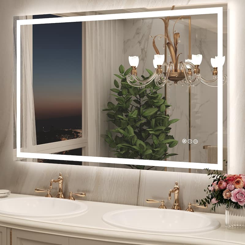 Frameless LED Front Light and Backlit 3 Colors Dimmable Anti-Fog Wall Bathroom Vanity Mirror - 48" x 32"-Square Corner