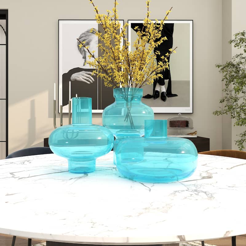 Glass Round Decorative Vase with Varying Shapes and Sizes - Set of 3 Blue, Green, Orange - Roche River Decor