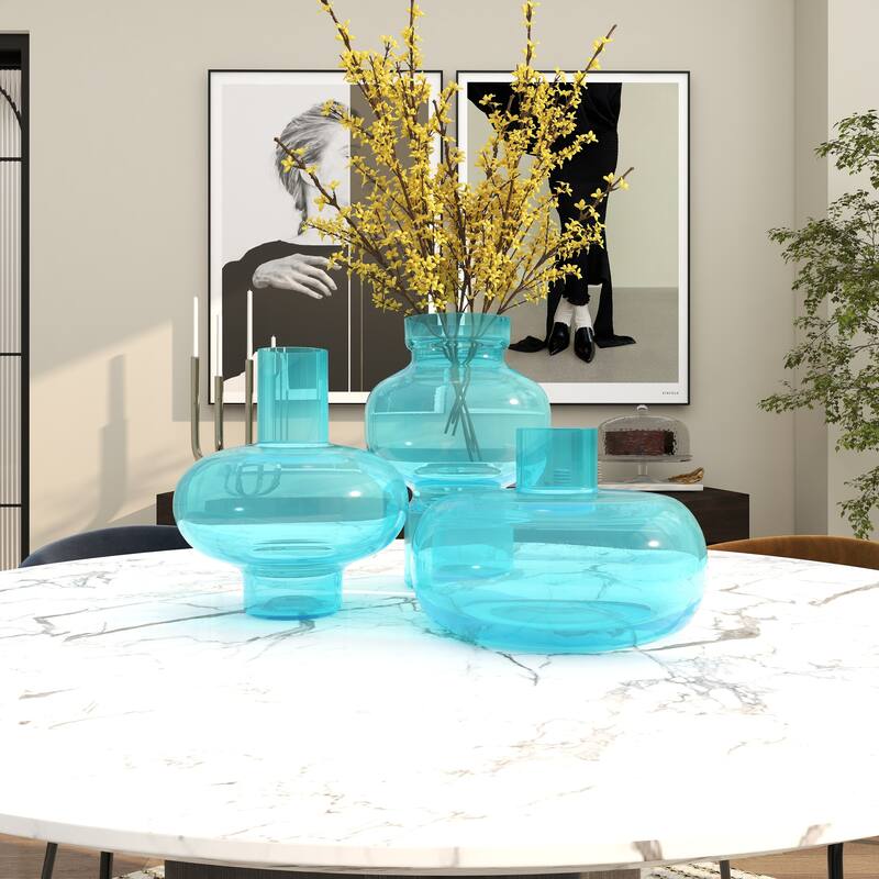 Blue, Green or Orange Glass Round Vase with Varying Shapes and Sizes (Set of 3)