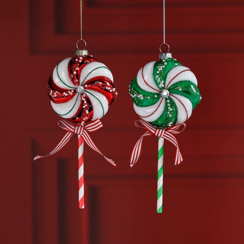 Glass Lollipop Christmas Ornaments, 6 Hanging Pieces (3 Sets of 2)