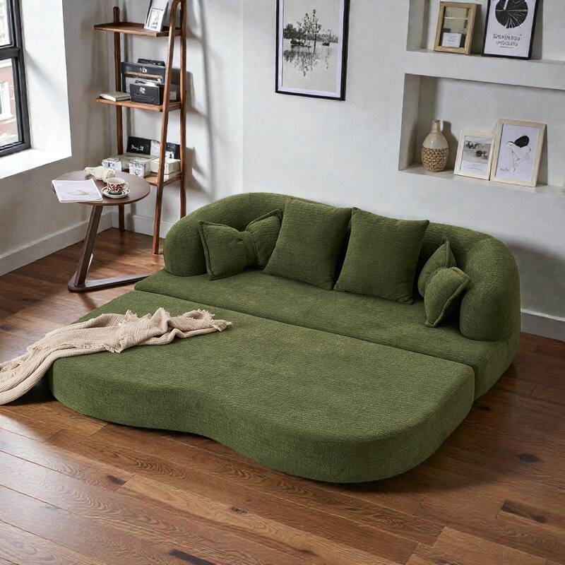 2-in-1 Foldable Sofa Bed, 70" Convertible Boneless Couch Sleeper with 4 Pillows, Chenille Foam Futon for Living Room