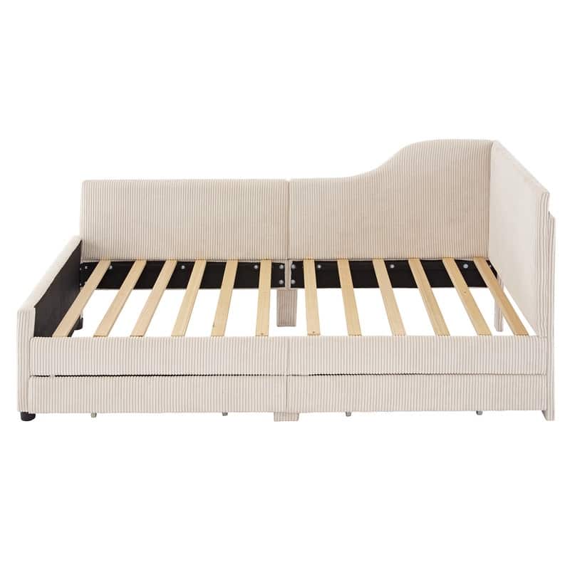 L-Shaped Corduroy Upholstered Daybed with 2 Storage Drawers