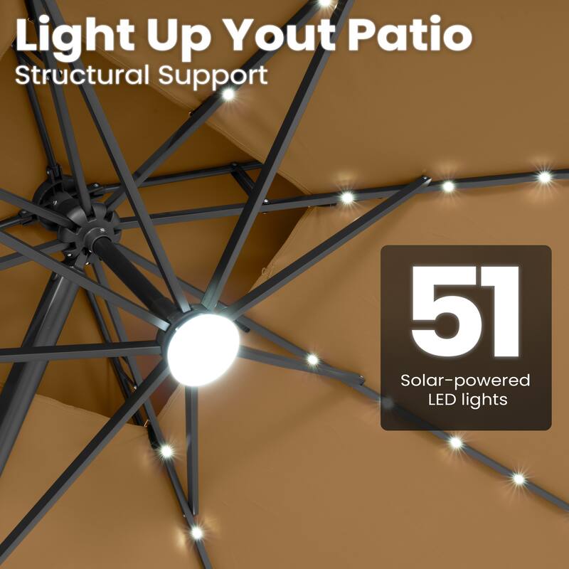 12 x 9 FT Outdoor Patio Cantilever Umbrella with Solar Lights Double Canopy 360 Rotation Tilt with Base