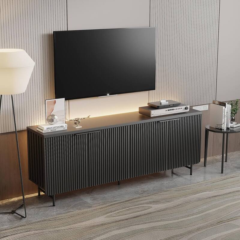 68" Mid-century TV Stand Entertainment Center with Adjustable Shelves 4 Doors & LED Light - Black+LED