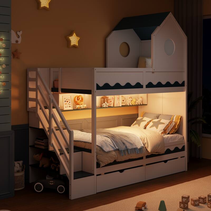 Twin Over Twin Bunk Bed with House Design, Drawer, Staircase & LED Lights