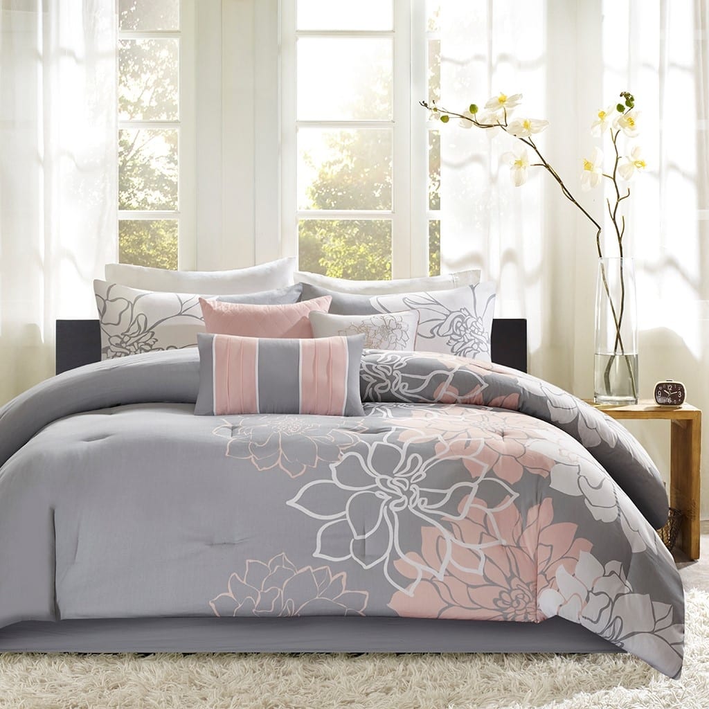 Anmytek Queen Size Printed Cotton Sateen Comforter Set Grey Peach Luxury Floral Bedding Collection