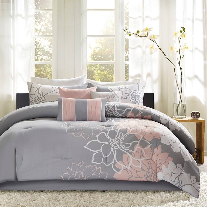 Printed Cotton Sateen Comforter Set Grey Peach Queen - Grey+Peach