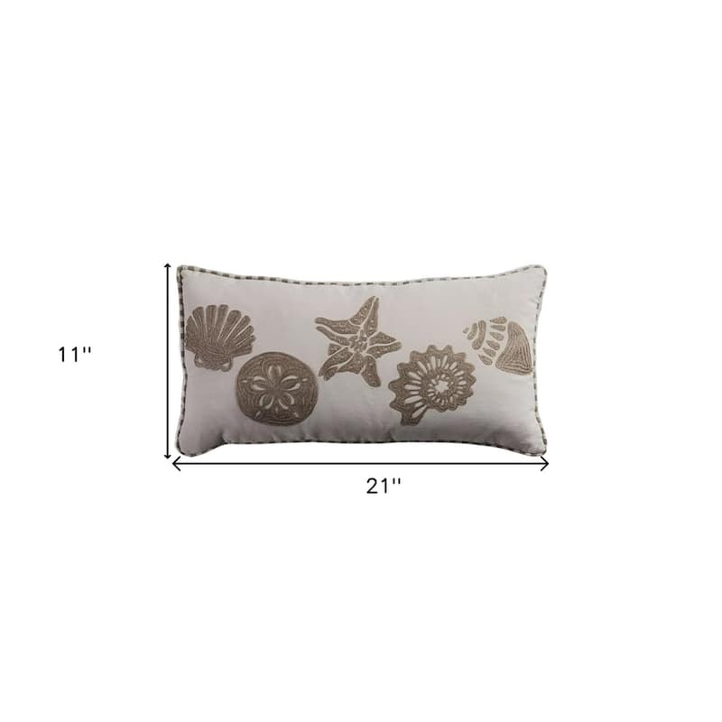 HomeRoots 11" X 21" Beige and Khaki Seashells Cotton Throw Pillow with Embroidery