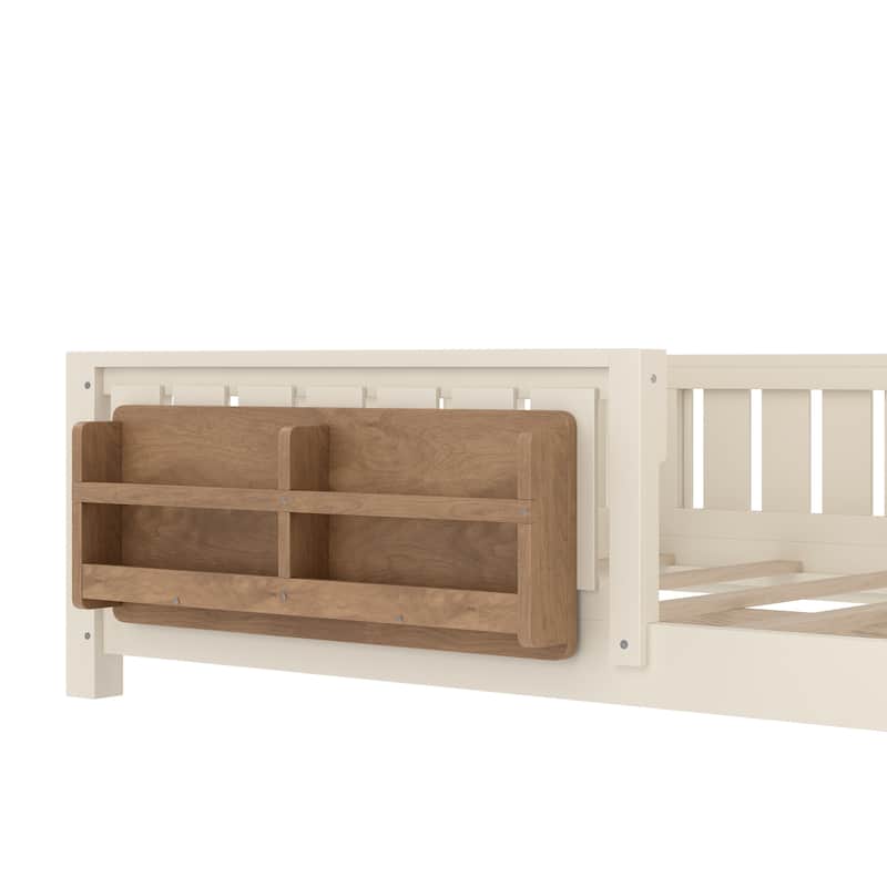 Low Profile Montessori Bed Floor Platform Bed with Fence and Bookshelf