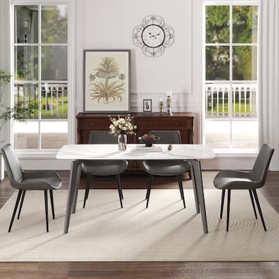 62.99" Modern Artificial Stone White Curved Edge Dark Grey Metal Leg Dining Table-Can Accommodate 6 People(Dining Table Only)