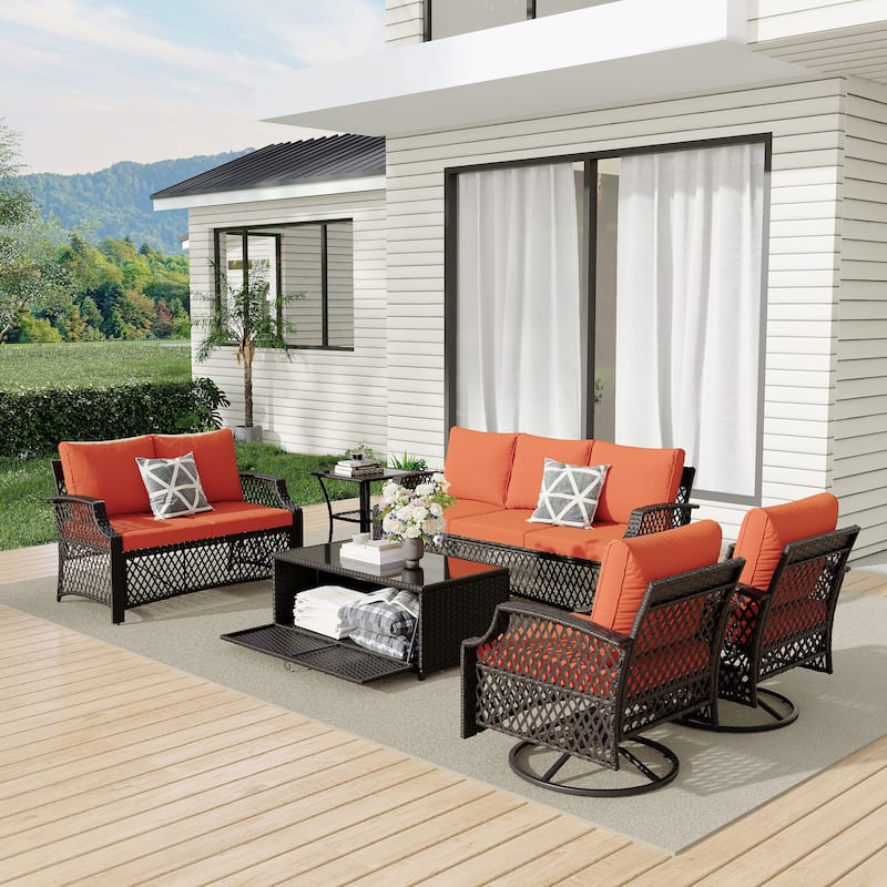 Outdoor Wicker Patio Set w Swivel Chairs & Sofa, Ottomans and Tables, Modular 3/5/6/7-Piece, All-Weather Conversation Set.