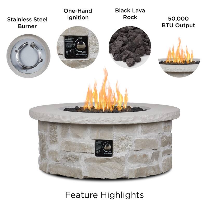 Scottsdale 40" Round Stone Propane Fire Pit Table in Beige by Real Flame