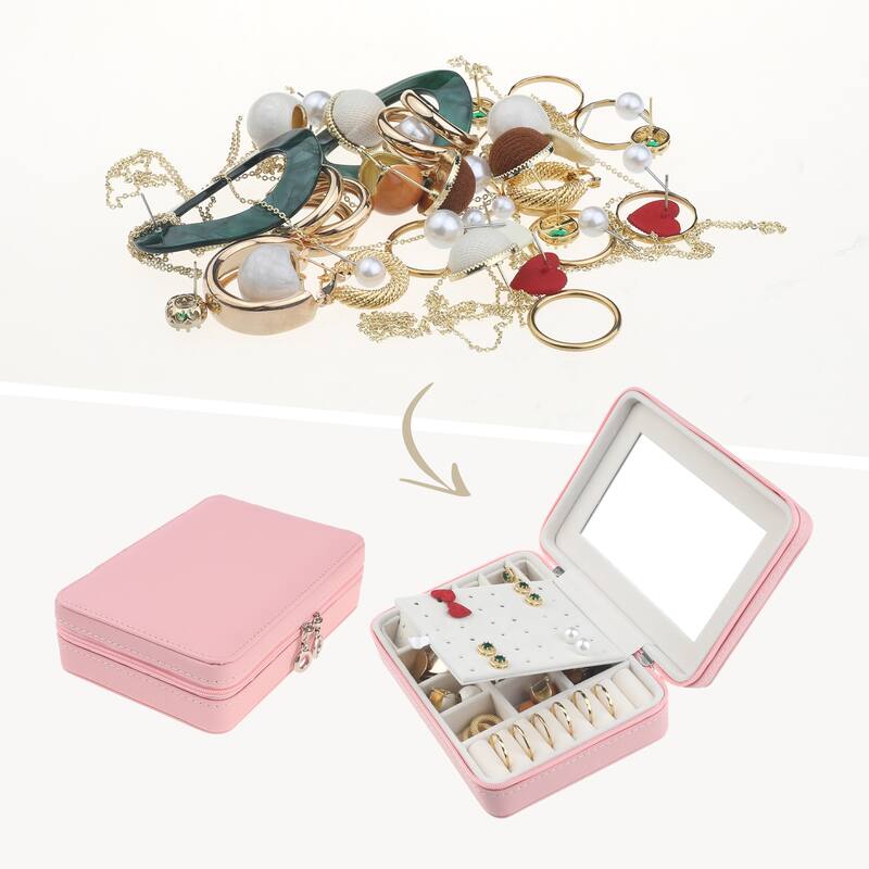 Travel Jewelry Box with Mirror for Girls, Portable PU Leather Jewelry Organizer Case Storage Display Holder - 20x15x6cm - Pink