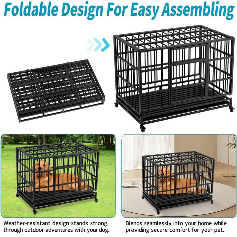 48" Heavy Duty Dog Crate with Wheels, Metal Dog Cage with Removable Wire Trays