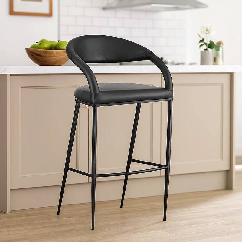 Monie Counter Stool Chair, Curved Floating Back, Black Faux Leather