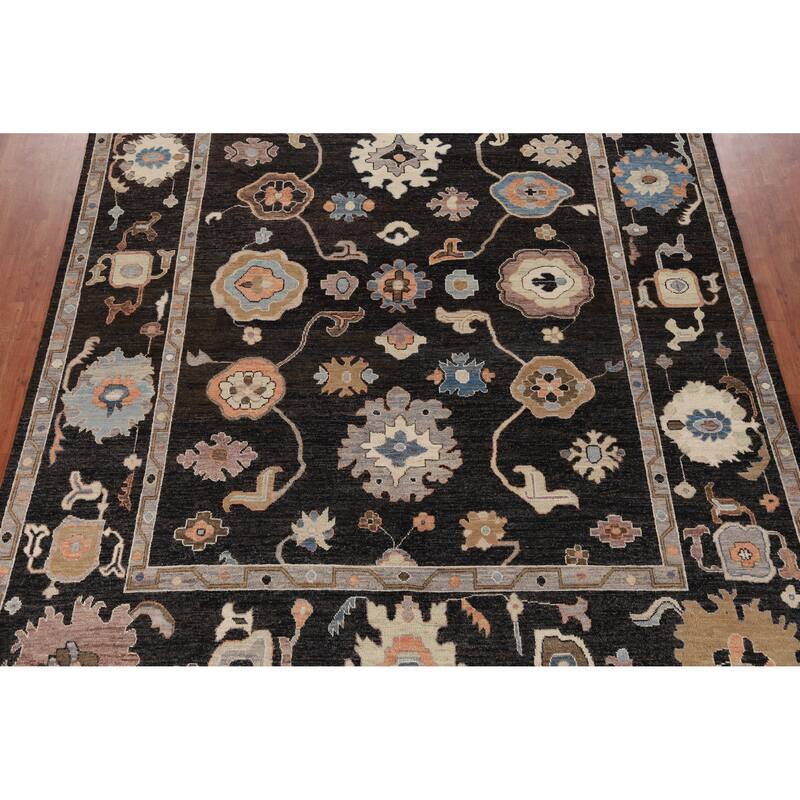 Hand Knotted Oriental 100% Wool Carpet Transitional All-Over Black Oushak Area Rug - 12' 5'' X 9' 0''