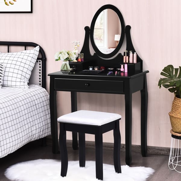 Shop Costway Wooden Vanity Makeup Dressing Table Stool Set Bathroom Black Overstock 17056585