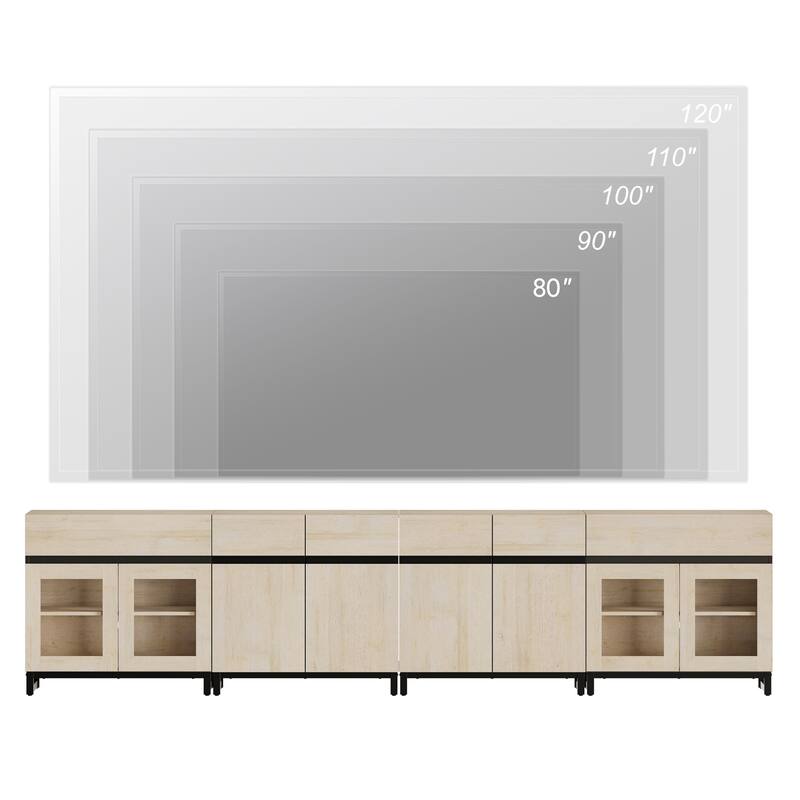 Modern TV Stand for 120" TVs, 4-in-1 Console with Glass Doors & 2 Drawers