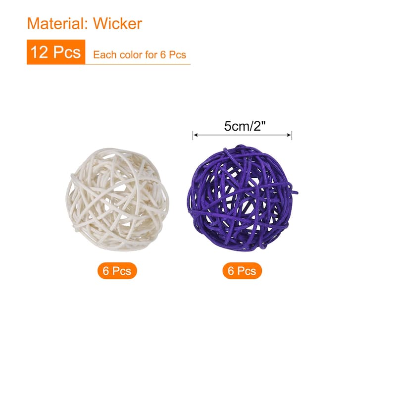 Set of 12 Pcs Wicker Rattan Balls 2 Inch Rattan Decorative Balls - Deep Purple,White