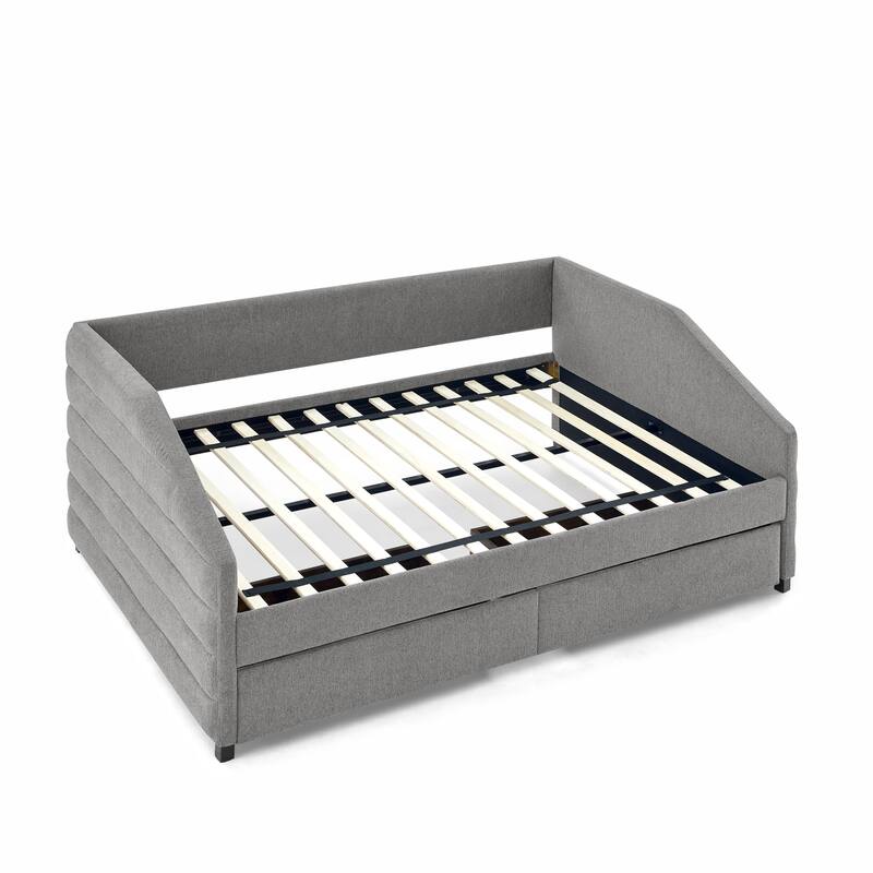 Linen Fabric Upholstered Daybed with Pull-Out Trundle or Storage Drawers, Tufted Sofa Bed Frame with Wood Slat Support