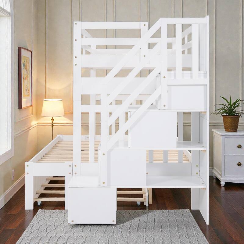 Twin over Full Bunk Bed with Twin Trundle and Storage Staircase, Solid Wood Space-Saving Bunk Frame