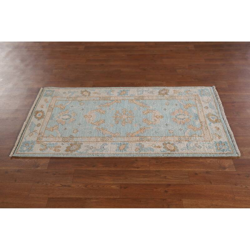 Light Blue Oushak Turkish Accent Rug Hand-Knotted Wool Carpet - 2'2"x 4'0"