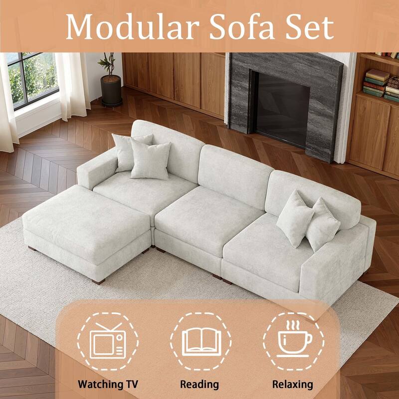 Oversized Chenille Modular Sectional Sofa Living Room Set with Ottoman