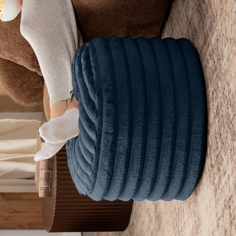 Plush Ribbed Faux Fur Pouf Ottoman - 22" - Midnight Blue
