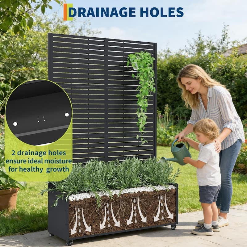 Metal Privacy Screen Planter Box, Raised Garden Bed for Climbing Plants, Veggies, Horizontal Stripes With Wheels