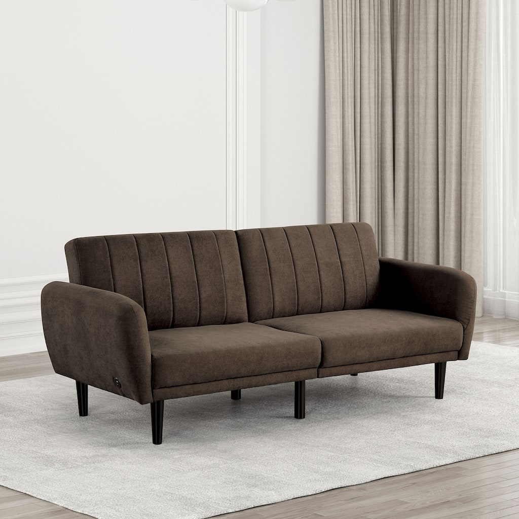 Brown Futon Sofa Converts into Bed, Tufted Fabric, Iron Leg Back Support, Pocket Coil