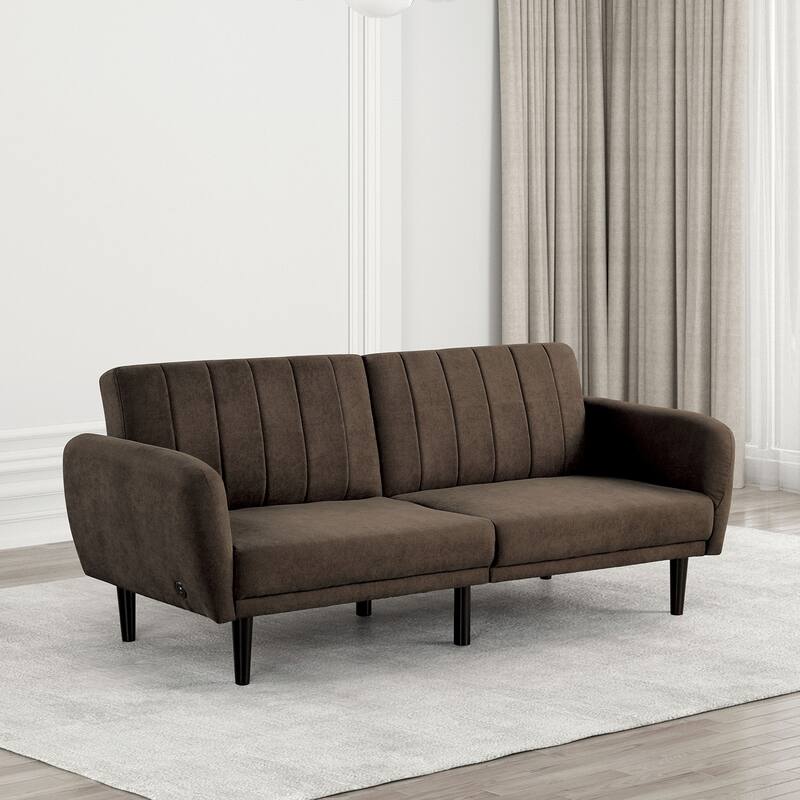 Contemporary Brown Fabric Futon Sofa Converts to Bed with USB Charging Ports