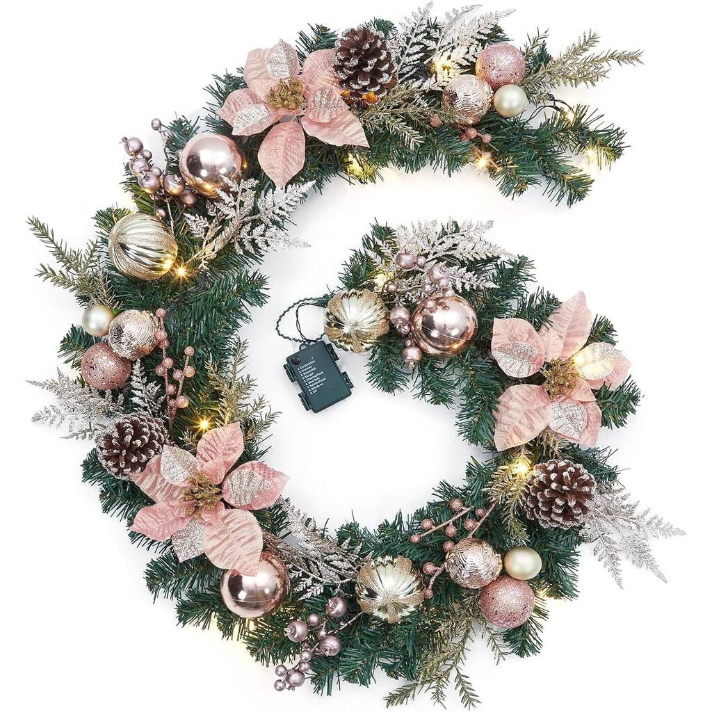 6ft Pre-Lit Outdoor Christmas Garlands with LED Lights Rose Gold Balls Flowers - N/A